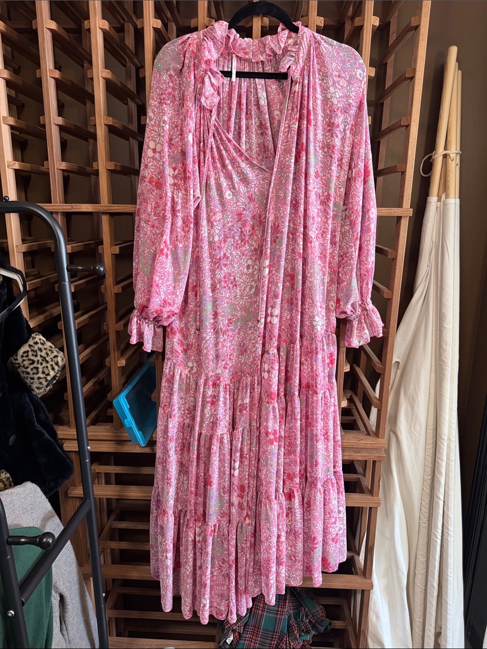 Free People Pink Floral Tiered Maxi Dress with Ruffle Neck